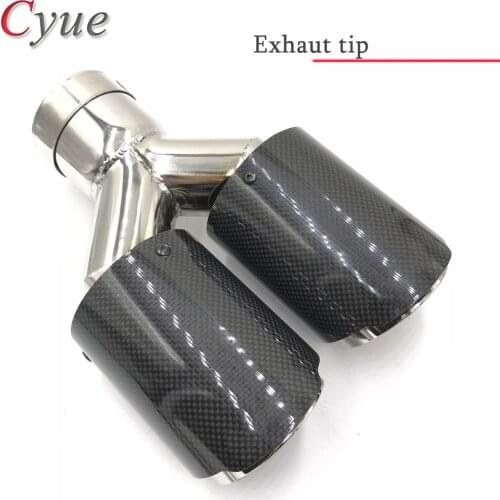 1Pcs IN 63mm OUT 101mm Universal Dual Pipe Exhaust Tip Glossy Carbon Fiber+Stainless Steel Muffler Pipe