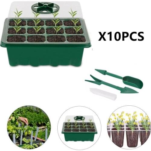 10 Pcs 12 Holes Seedling Starter Tray Set Seed Planting Box Adjustable Breathable Cover Seed Starter Greenhouse Grow Set