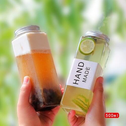 10pcs Net red bubble tea cup packaging plastic cup 500ml square clear bottles cold drinks juice ice coffee beverage cup with lid