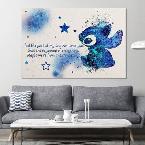 Abstract Watercolor Painting Disney Lilo Stitch Quotes Posters and Prints Wall Art Pictures Canvas for Kids Room Home Decoration