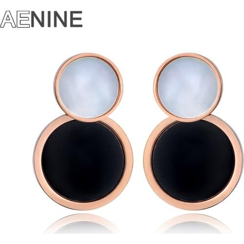 AENINE Trendy Black White Shell Double Circle Stud Earrings For Women Titanium Steel Rose Gold Wedding Earrings Jewelry AE18014