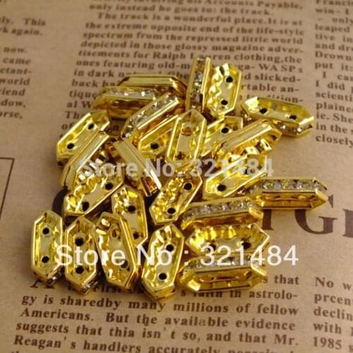 Free shipping 200pcs 15mm Gold Plated 2 Holes Jewelry Rhinestone Spacer Beads For Bracelet DIY