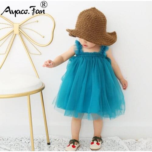Spaghetti Strap Mesh Dress for Kids Children Baby Girls Ball Gown Dresses 2019 Summer New Cute Lace Sleeveless Princess Dress