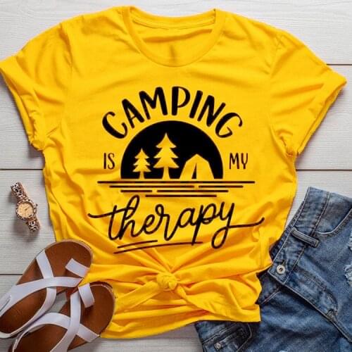 Camping is my Therapy T-Shirt Funny Letter Casual Quote Art Graphic Tee Stylish Hipster Camping Yellow Clothing goth tops shirts