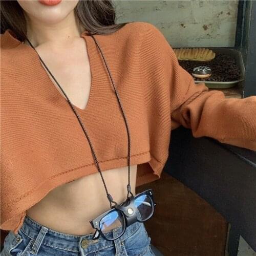 Spring Womens Sexy Tops 2021 Korean Style Pure Color Loose V-neck Long Sleeve Knitted T-shirt Ladies T-shirt Clothing Women