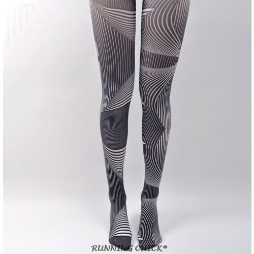 RUNNING CHICK Black And White Striped Printed Pantyhose Spring Vintage Bottoming Socks