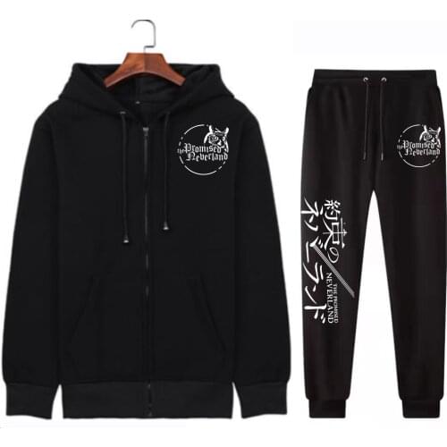 Japanese Anime The Promised Neverland Autumn Winter Men Women Thick Fleece Suit 2 Pieces Sets Hoodies Sweatshirt and Pants Suits