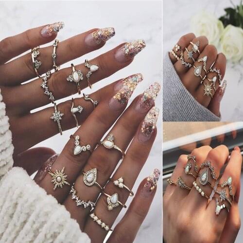 Fashion personality combination knuckle ring with stars /crescent moon/crown inlaid rhinestone faux opal gem design in gold tone