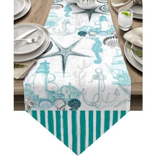Marine Texture Shells Starfish Lighthouse Table Runner Luxury Dining Table Decor Tablecloth Table Runner for Wedding Party