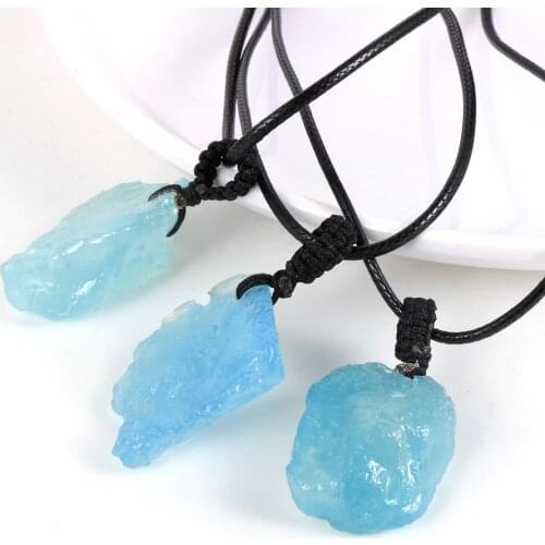 Irregular Natural Real Blue Aquamarines Pendant Necklace For Men Women Adjustable Rope Chain Necklace BOHO Natural Stone Jewelry