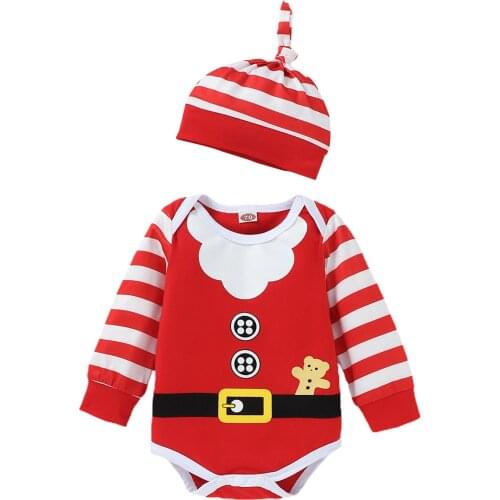Babies Clothes Christmas Three-piece Clothes Set Stripe Printed Pattern Long Sleeve Romper Pants and Cap Childrens Clothing Set