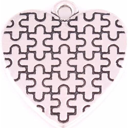 Autism Awareness antique silver plated Heart Pendants With Holes Puzzle Piece Jigsaw Charm Autism Hope Wholesale ID Jewellery