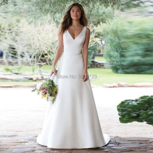Simple Satin Wedding Dresses with Appliques V neck Buttons Back Wedding Bridal Gown Sweep Train Vestido de Noiva