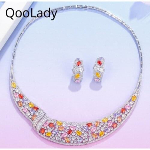 QooLady Bridal Dress Accessories Mix Color Cubic Zirconia Large Choker Necklace Earring for Wedding Party Women Jewelry Set Z019