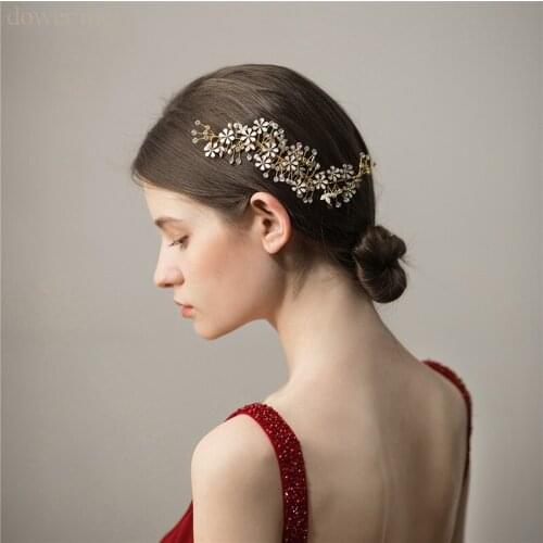 Hand wired Pearls Wedding Hair Jewelry Gold Flower Bridal Hair Comb Piece Rhinestone Women Prom Hair Accessories