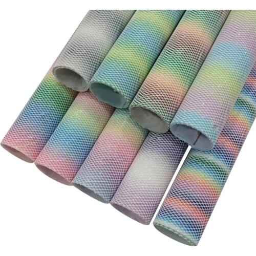 Mesh Fine Glitter Rainbow Stripe Printed Faux Artificial Leather Fabric Sheet for Making Craft/Decoration