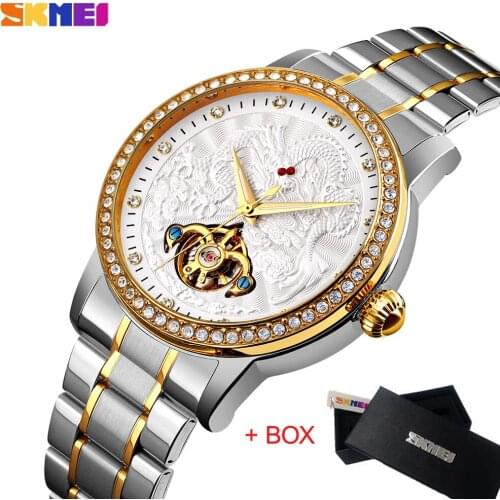 SKMEI Fashion Automatic Mechanical Watch Men Luxury Dragon Pattern Automatic Clock Waterproof Stainless Steel Strap Wristwatch