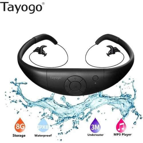 Tayogo 8G IPX8 Waterproof MP3 Newest Swimming Diving Music Player Built-in Player Neckband Stereo Sport Earhook Audio Headset