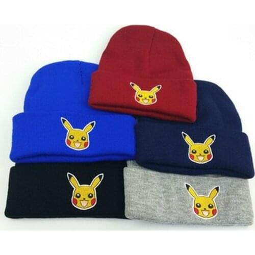 Pikachu five-color warmth ladies autumn and winter earmuffs cartoon outdoor riding ski without eaves curled dome knitted hat
