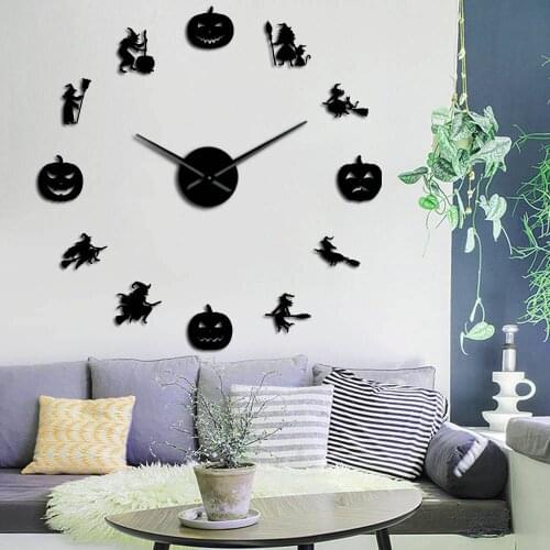 Witch with Halloween Wall Art Decor Broomstick Silhouette Giant DIY Wall ClockGift Fairy Tale And Pumpkins Mirror Effect Watch