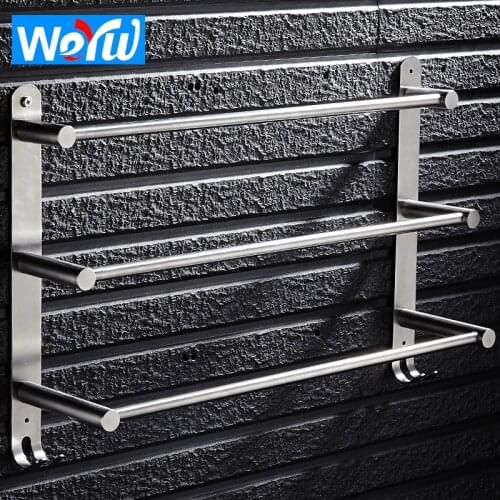 WEYUU Bathroom Towel Rack Wall Mounted Toilet Stainless Steel Three Layers Towel Bar Multifunctional Double Hook Towel Bar