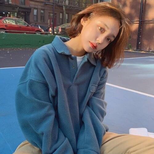 Polar Fleece Sweatshirt Women Korean Fashion Loose Plus Velvet Thickened Jackets Female Polo Collar Haze Blue Trend Pullover Top