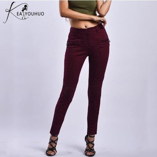 2018 Winter Black Stretch Moto Biker Pants Women Pencil Plus Size Jeans Woman High Waist Leggings Trousers Zipper Fly Patchwork