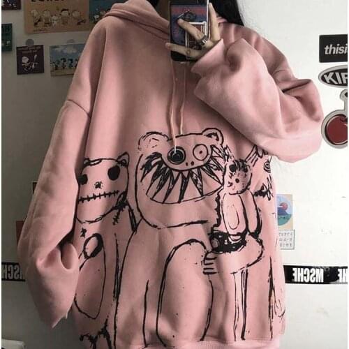 Hip Hop Punk Female Sweatshirt Goth Bear Graphics Hoodie Streetwear Women Long Sleeve Thicking Coat Hooded Harajuku Clothes Warm