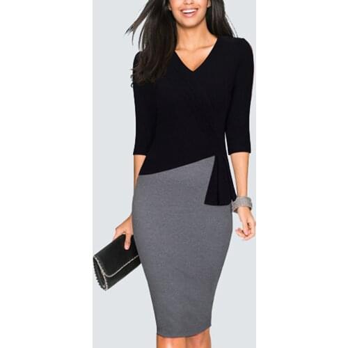 Casual Wear To Work Sheath Slim Bodycon Office Lady Spring Autumn Women Elegant V Neck Patchwork Pencil Dress HB333