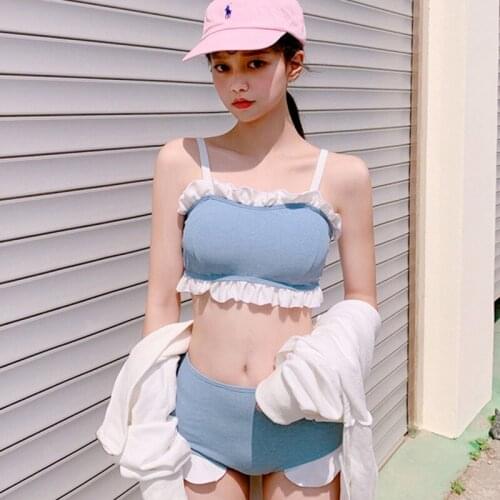 2021 New Fashion Swimsuit Girl Small Fresh Blue Sling White Fungus Side Split Conservative Swimsuit Swimsuit