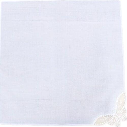 28x28cm Women Plain White Square Handkerchiefs Crochet Butterfly Lace Corner Bridal Wedding DIY Cotton Napkin Pocket Hanky Towel