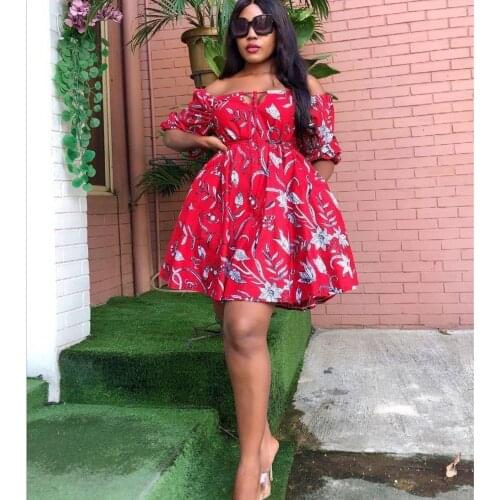 African Style Lantern Sleeve Party Dress Rose Print Slash Neck Lace Up Sexy Mini Dress Elegance Africaine Clothes 2021 Summer