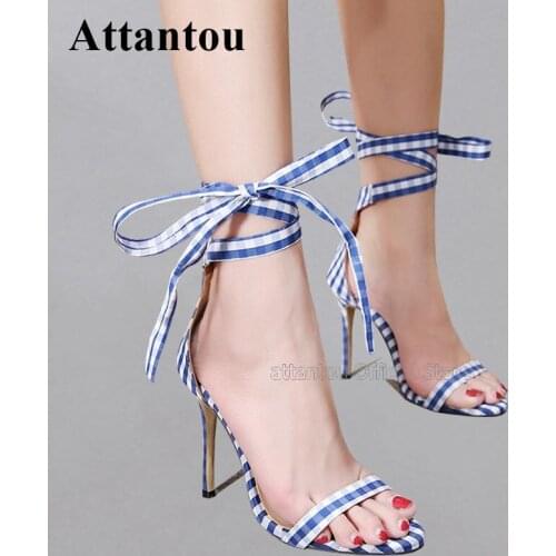 Concide Designer Plaid Pattern Bowtie Lace-up High Heel Sandals Comcise Style One Belt Design Open Toe Cut Out Summer Girl Sanda