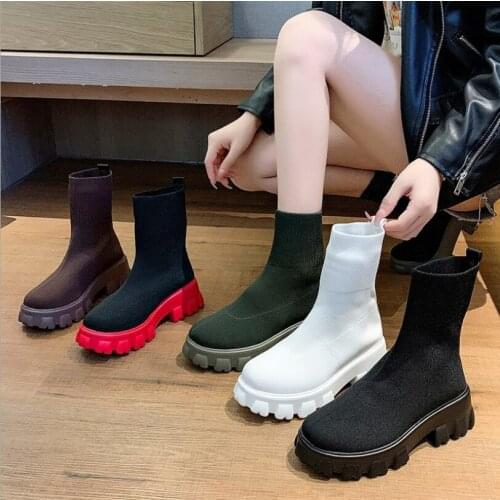 New Autumn and Winter Red Chunky Sole Platform Sock Boots Stretch Fabric Shoes Women Mid-Calf Thick Heel Chelsea Biker Booties