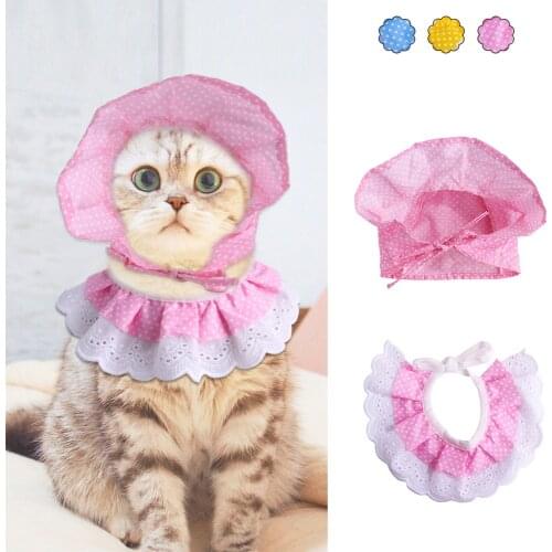 Pet Cat Fabric Lace Scarf Hat Set Cute Polka Dot Saliva Towel Pet Lace Hat for Cat Dress Up,Cat Scarf Hat Decoration Accessories