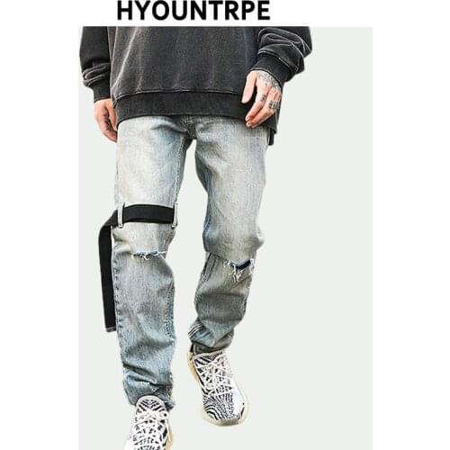 Knee Holes Denim Jeans Men Casual Bottom Zipper Skinny Trousers Slim Biker Jean Fashion Tactics Streetwear Hip Hop Pants Joggers