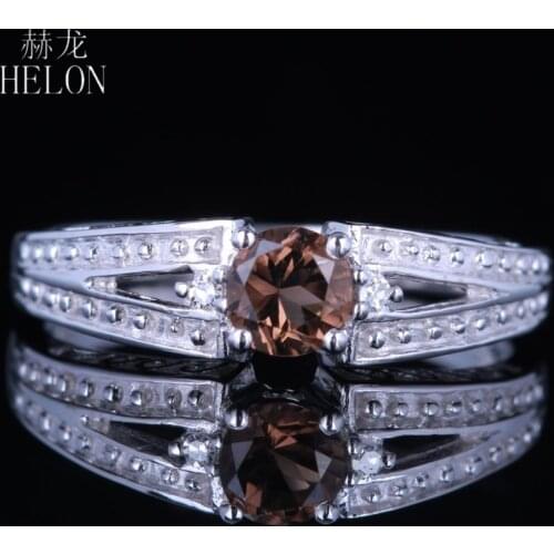 HELON Solid 14K White Gold AU585 Flawless Round 4.5mm Genuine Smokey Quartz Diamond Fine Jewelry Engagement Wedding Women Ring