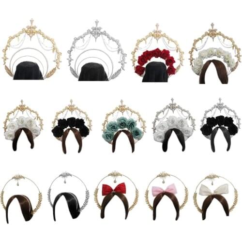 Lolita Halo Crown for Women Gothic Hollow Floral Tiara Vintage Pearl Sequin Headwear Decorative Luxury Hair Hoop