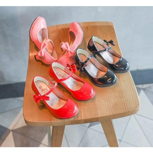 Girls Leather Shoes Autumn Bowtie Sandals 2021 New Children Shoes High Heels Princess Sweet Sandals For Girls