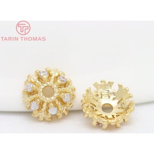 6PCS 8MM Hole 1MM 24K Gold Color Brass with Zircon Bead Caps for DIY High Quality Diy Jewelry Accessories