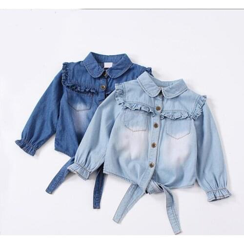 Summer shirt cotton girls clothes casual ruffles denim blouse kids toddler baby girls long sleeve tops children outwear spring