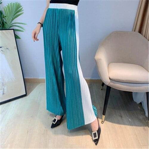 Miyake pleated pants womens summer fashion loose high waist drape casual straight leg color matching wide-leg trousers women