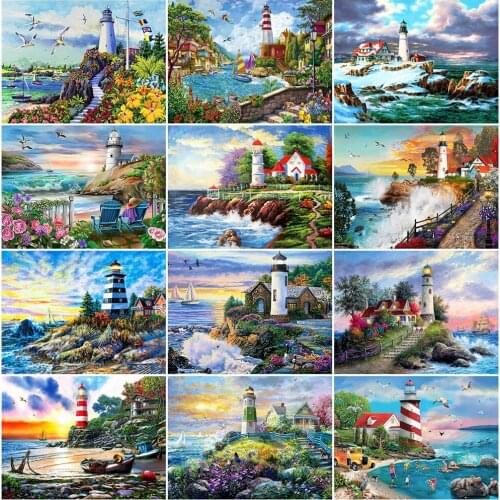 MomoArt 5D Diamond Embroidery Seaside Picture Rhinestone Diamond Painting Lighthouse Cross Stitch Mosaic Scenery Decor For Home