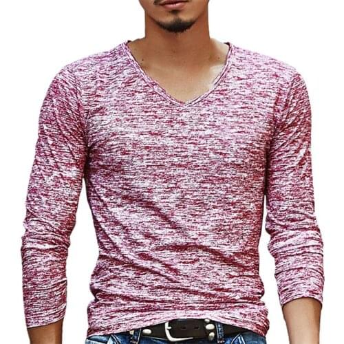Autumn 2021 Men T-shirt V Neck Elastic Top Camouflage Cotton Blend Pullover Tee Shirt Long Sleeve Slim Male Tshirt