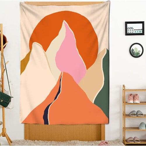 Japanese Style Wall Tapestry Abstract Painted Sunset Mountain Moon and Sun Forest Hippie Wall Cloth