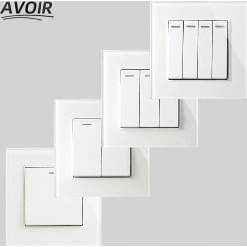 Avoir Wall Switch Luxury Crystal Glass Panel White Push Button Light Switches 86 Type 1 2 3 4Gang 1 2 Way On/Off Switch 220V 16A