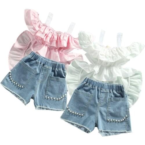 New Girls Solid Color Clothes Set, Sleeveless Irregular Hem Tops with Ruffles+Short Jeans with Faux Pearls