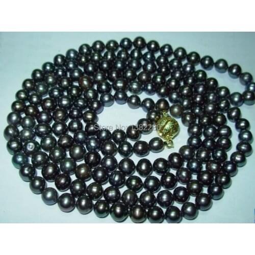 ! fashion DIY jewelry 7-8mm Black Akoya Cultured Pearl Necklace 50" JT5642