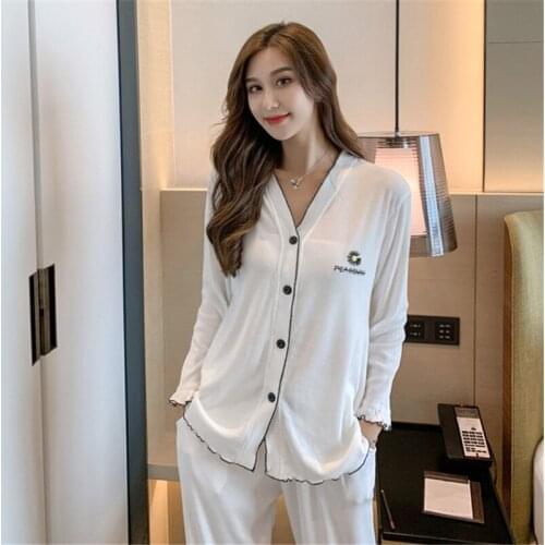Pajamas women new Korean style daisy long-sleeve casual home wear sexy cardigan sleepwear two-piece suit white ночнушка 2020