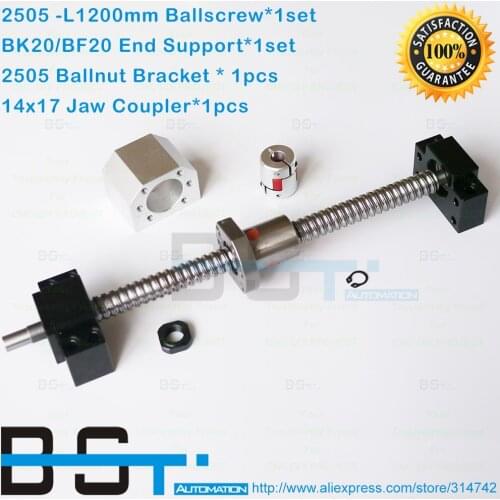 RM2505 Rolled Ballscrew 2505 -L 1200mm + SFU2505 ballnut + 2505 Nut Bracekt + BK20 BF20 End Support +14x17mm Jaw Coupler